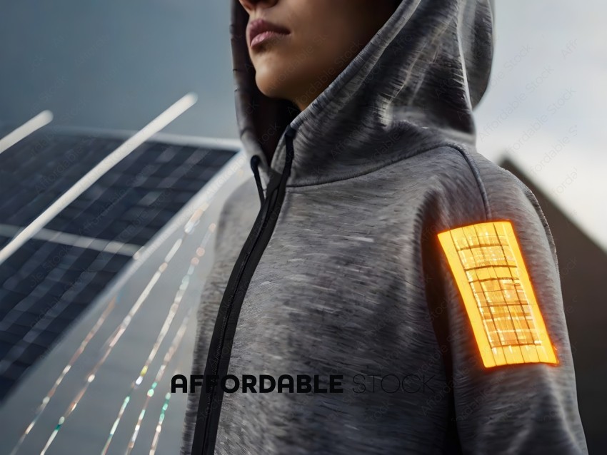 A person wearing a gray hoodie with a glowing orange square on the sleeve