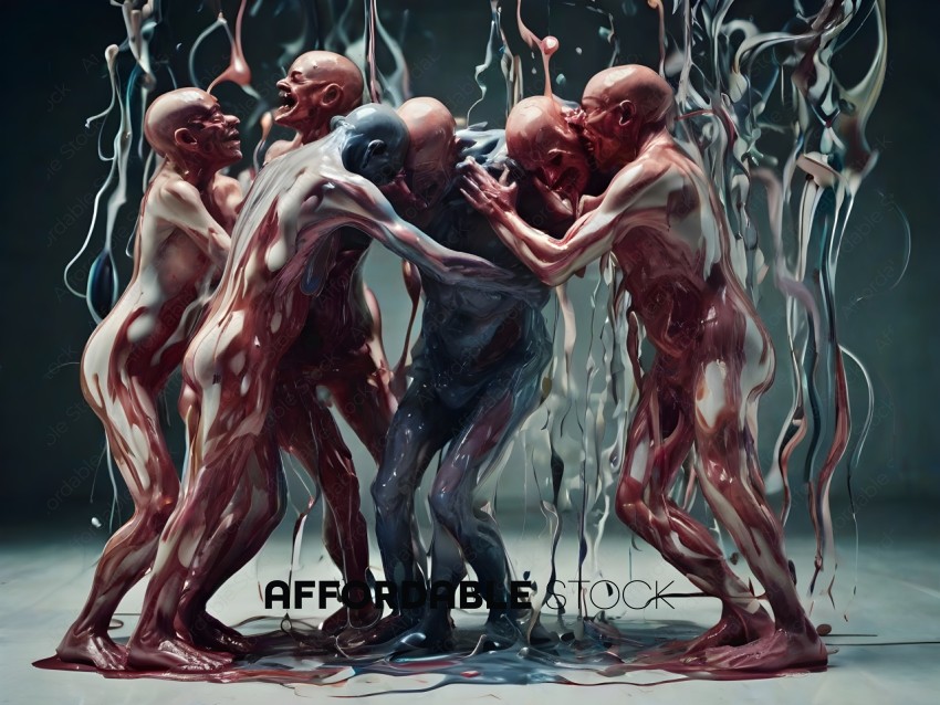 Painting of naked people with paint dripping off them