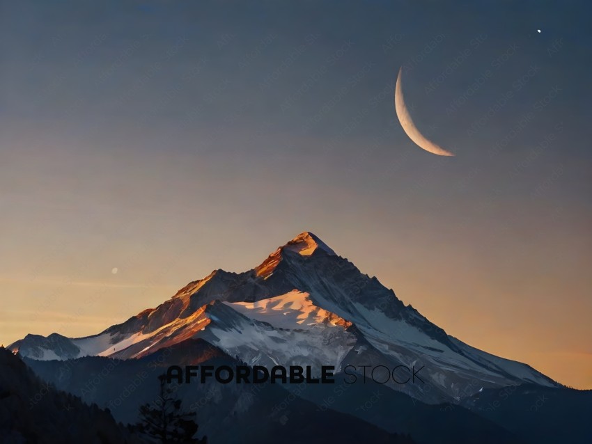 A mountain with a crescent moon in the sky
