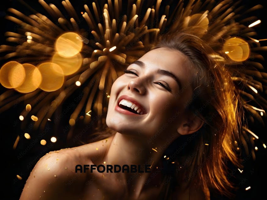 A woman smiling with fireworks in the background