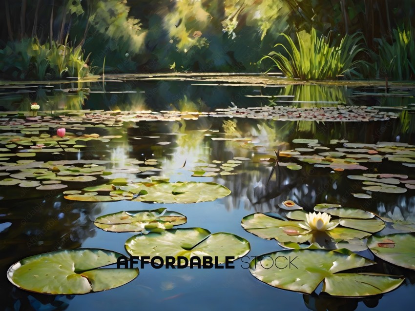 A painting of a pond with lily pads and a flower