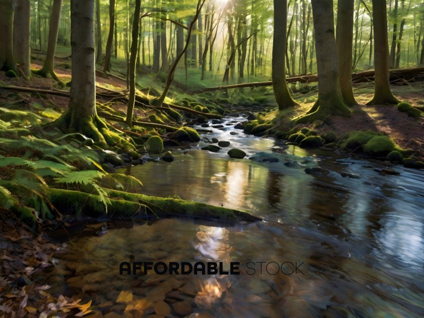 A serene forest scene with a stream and mossy rocks