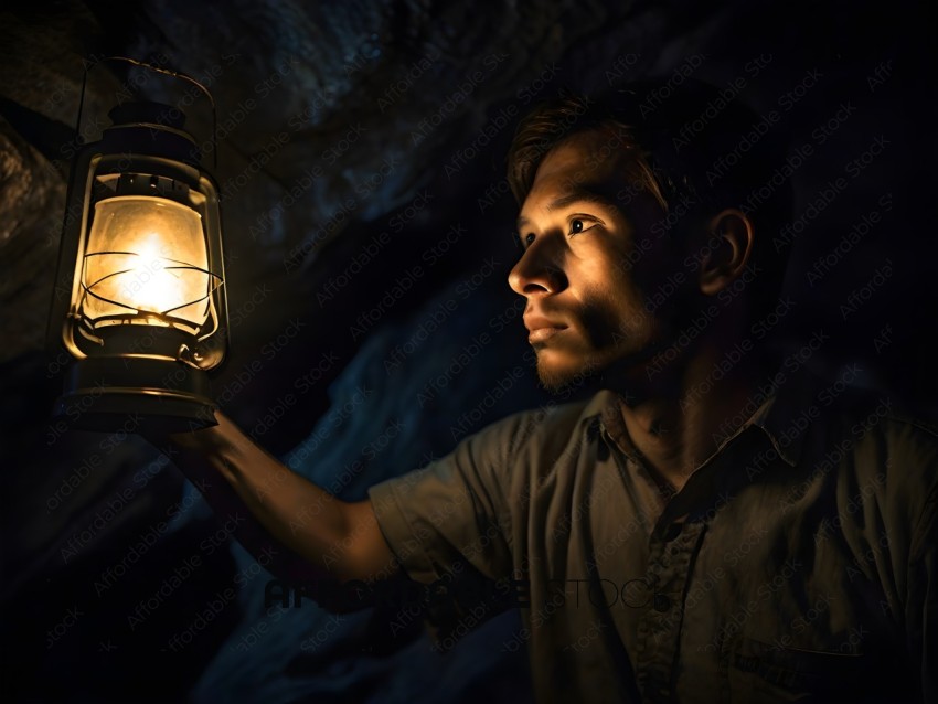 Man holding a lantern in a dark cave