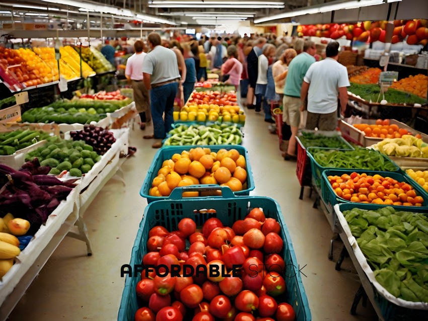 Aisle of a grocery store with produce in baskets