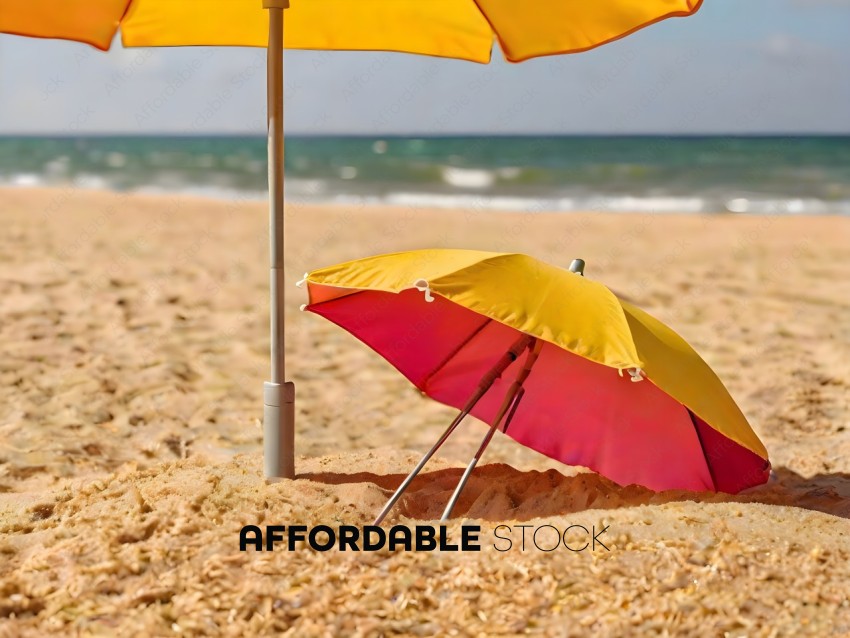 A yellow and pink umbrella on the beach
