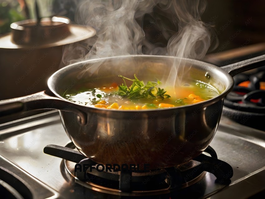 A Steaming Pot of Soup with Herbs