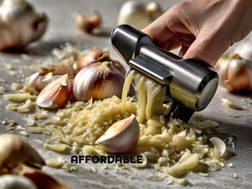 A person grinding garlic on a grater
