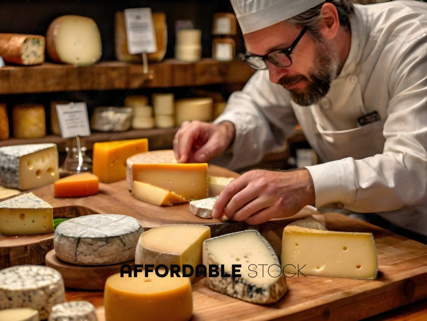 A man in a white chef's coat is cutting cheese