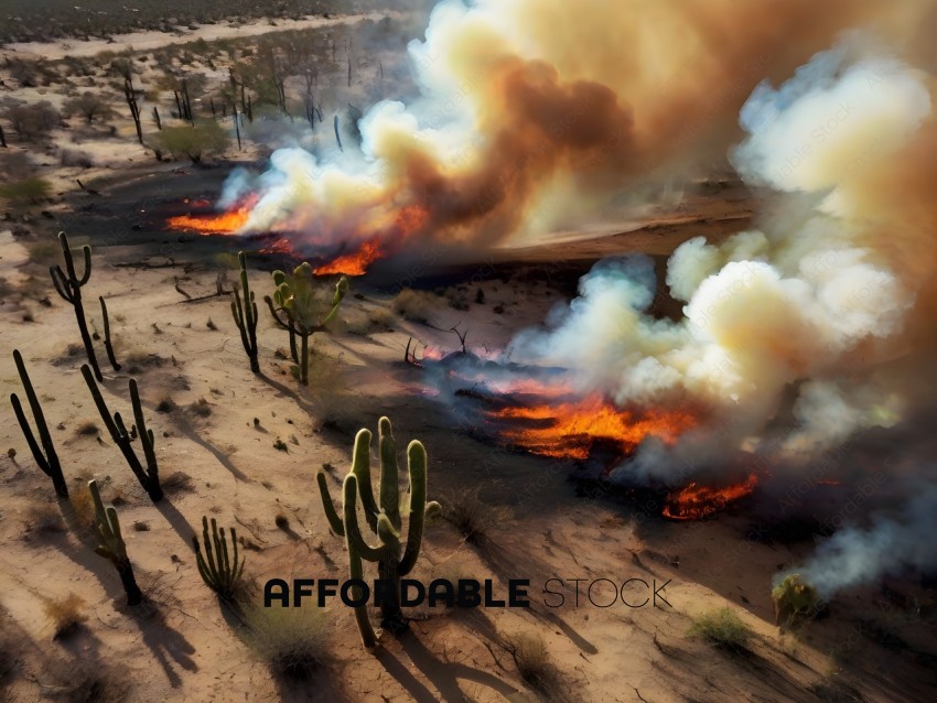 A large fire in the desert with cactus in the foreground