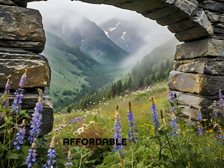 A beautiful mountain landscape with a rock wall and a field of flowers