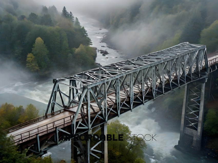A bridge over a river with fog