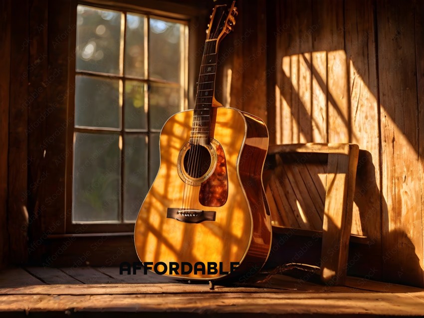A guitar sits on a wooden table in a room with a window