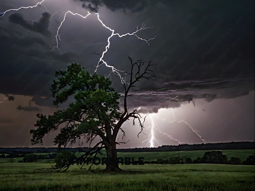 A Tree in a Storm with Lightning