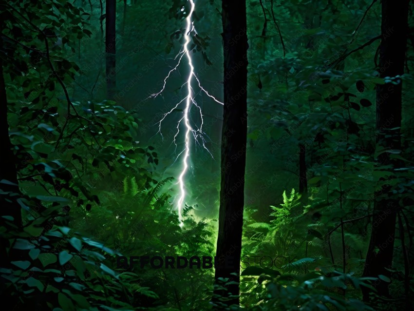 A lightning bolt streaks through the air in a forest