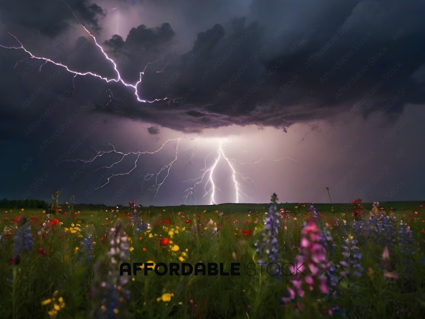 A lightning bolt streaks through the sky over a field of flowers