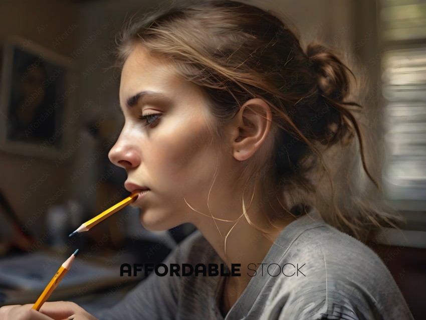 A woman with a pencil in her mouth