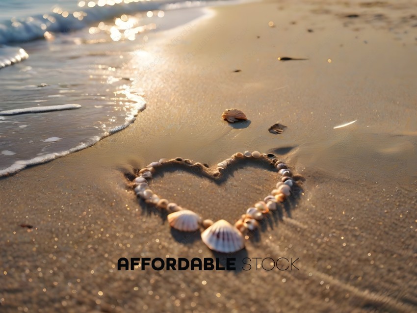 A heart made of seashells on the beach