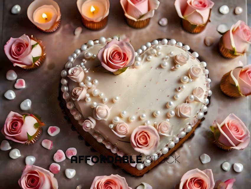 A heart shaped cake with pink roses and pearls