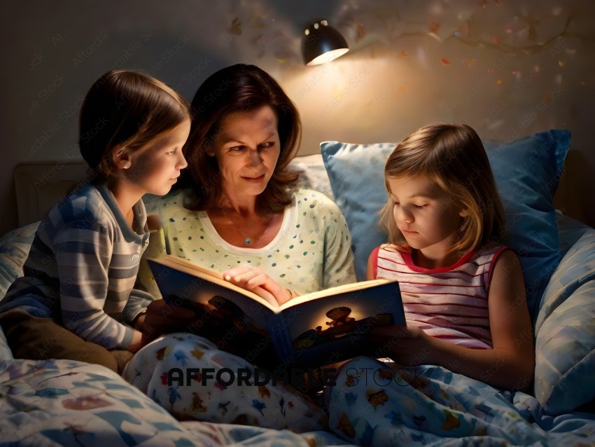 A mother and her two children are reading a book together