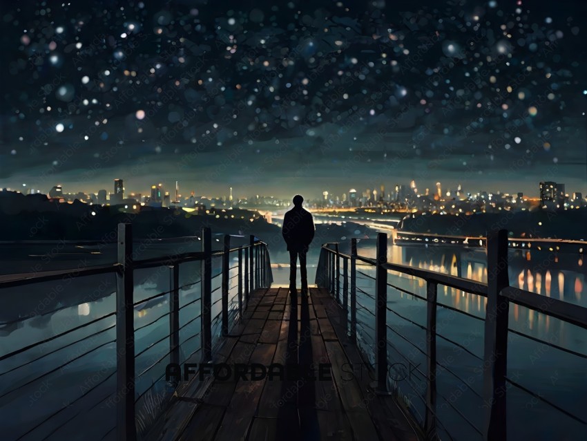 A person standing on a dock at night looking at the city lights