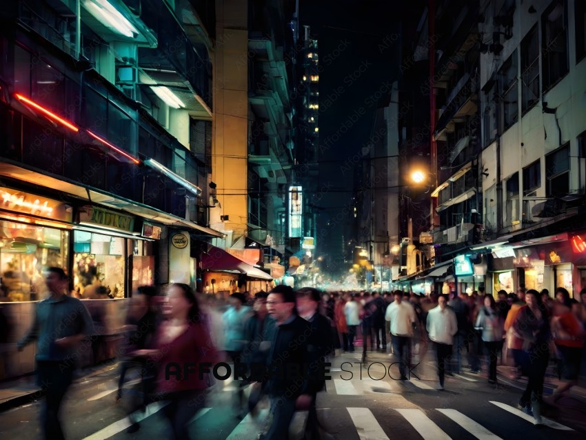 Crowd of people walking down a busy street at night