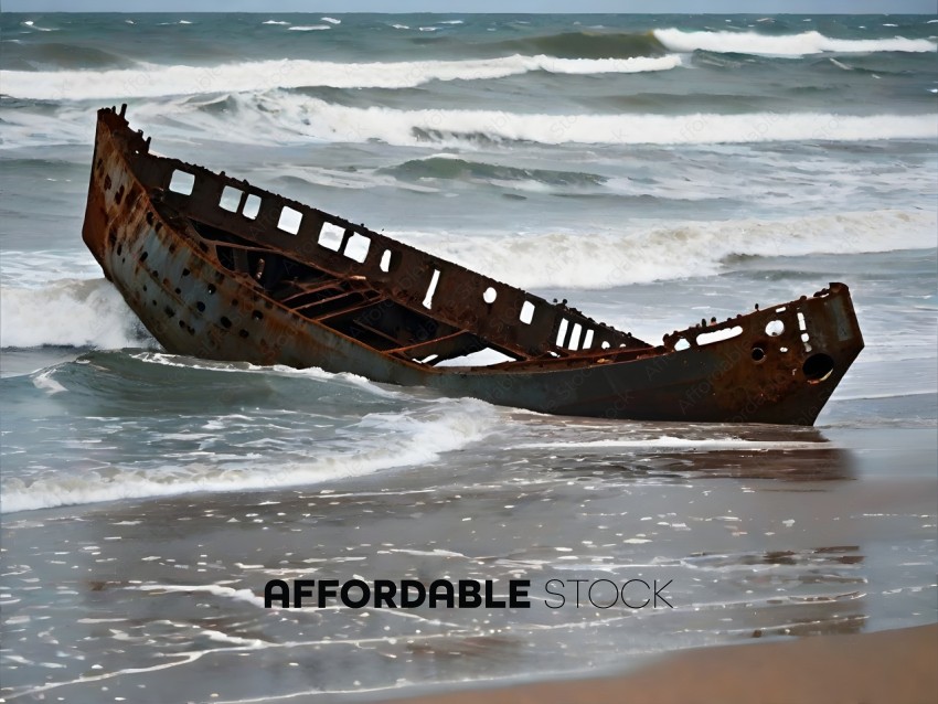 A rusted shipwreck on the beach