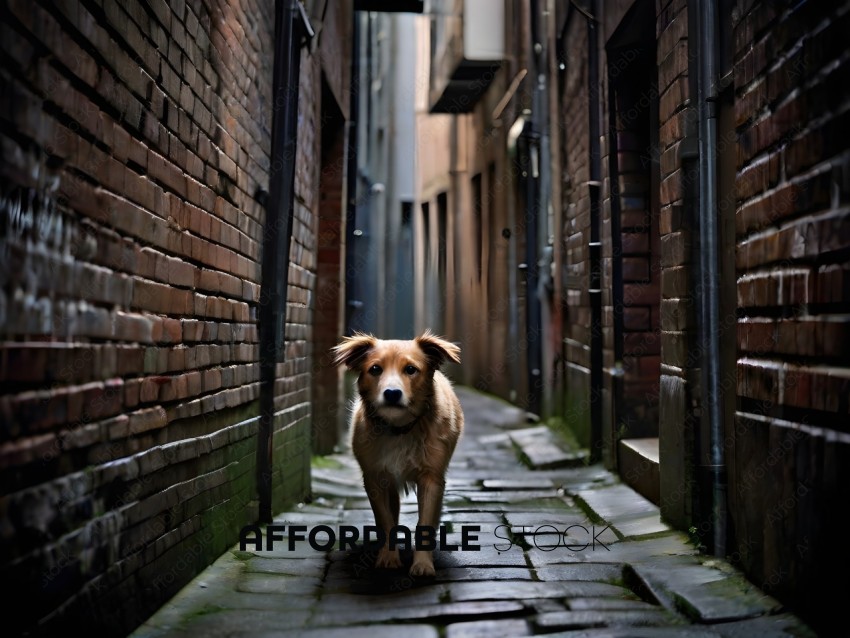 A dog walks down a narrow alleyway