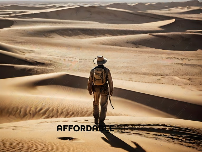 A man in a desert with a backpack