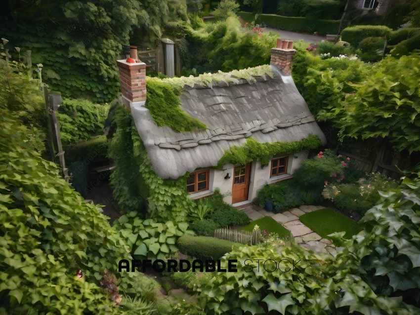 A small, thatched cottage with a garden