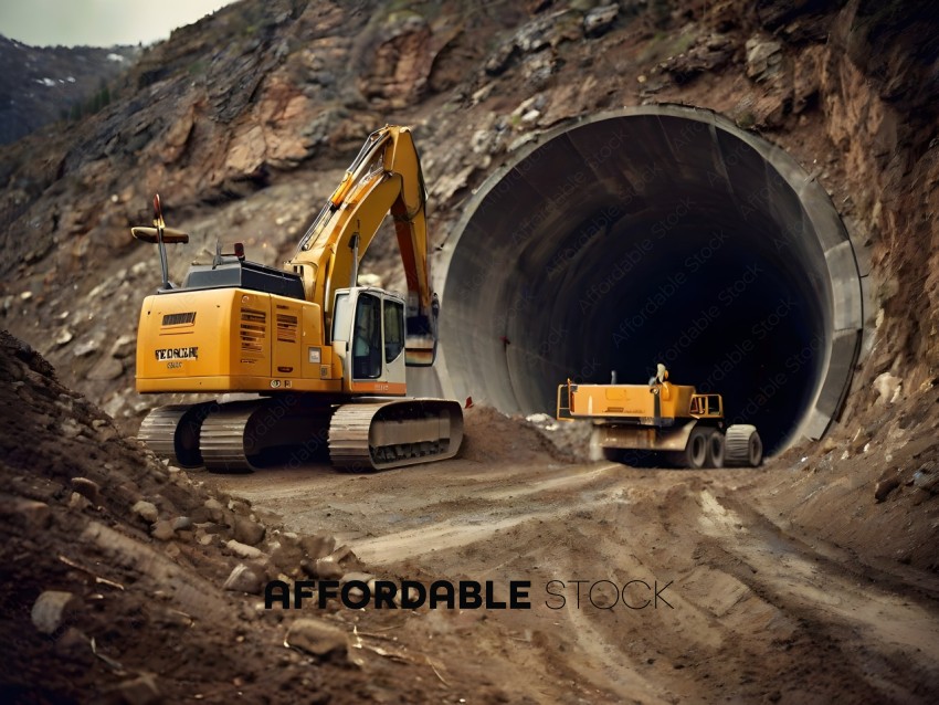 Two large construction vehicles working on a tunnel