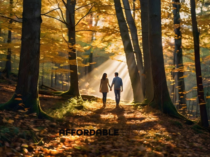 A couple walks through a forest during the fall season