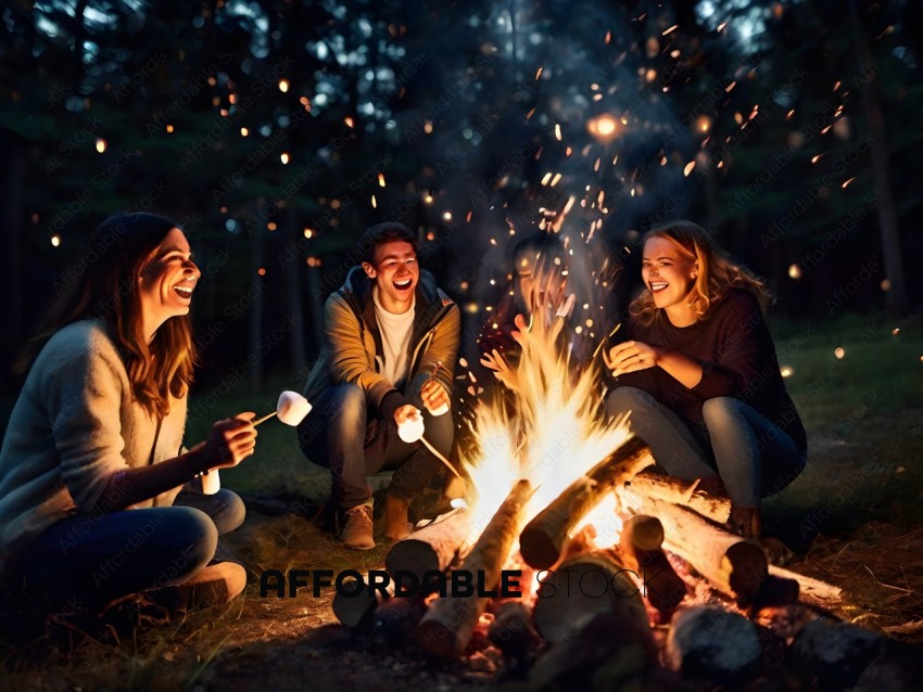 Four friends sitting around a fire, roasting marshmallows