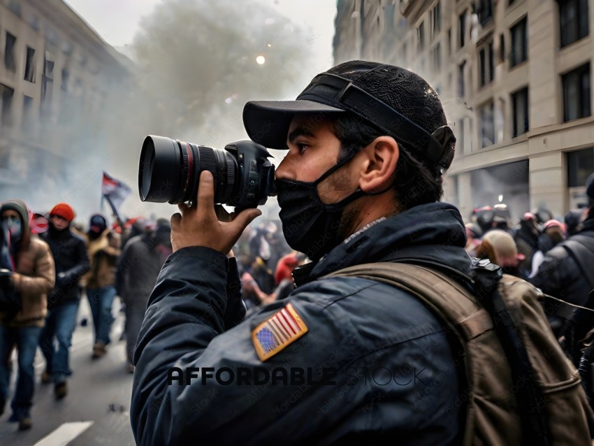 Man with camera capturing a moment at a protest