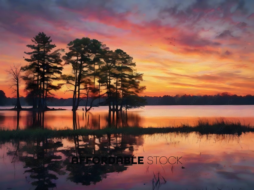 A serene scene of a lake at sunset with trees reflected in the water