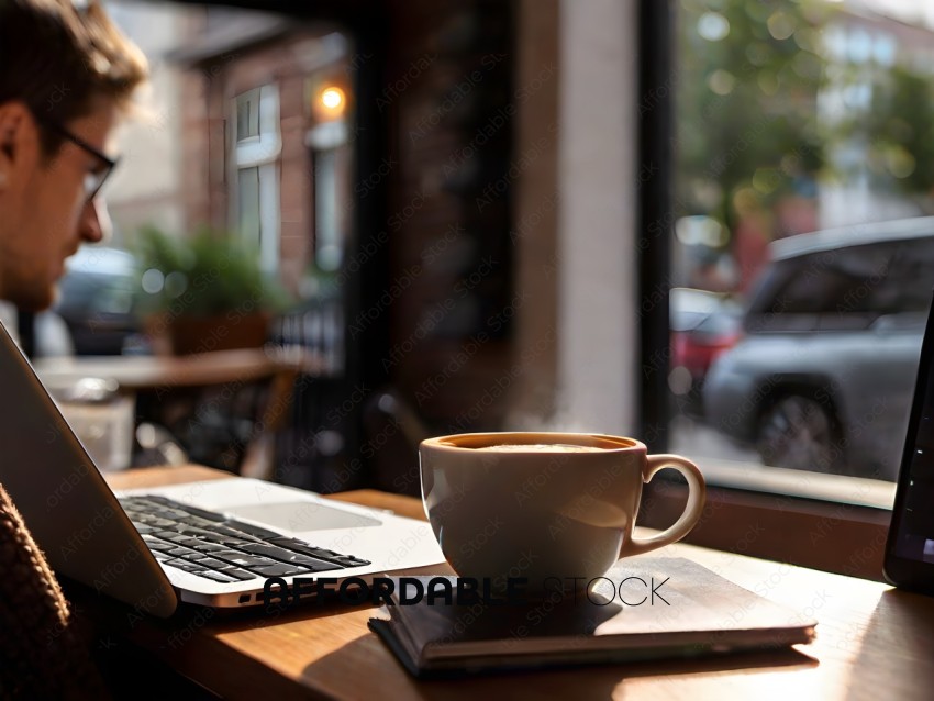 A person sitting at a table with a laptop and a cup of coffee