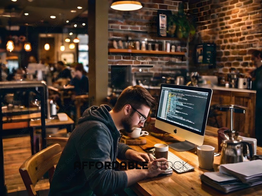 Man working on computer in coffee shop