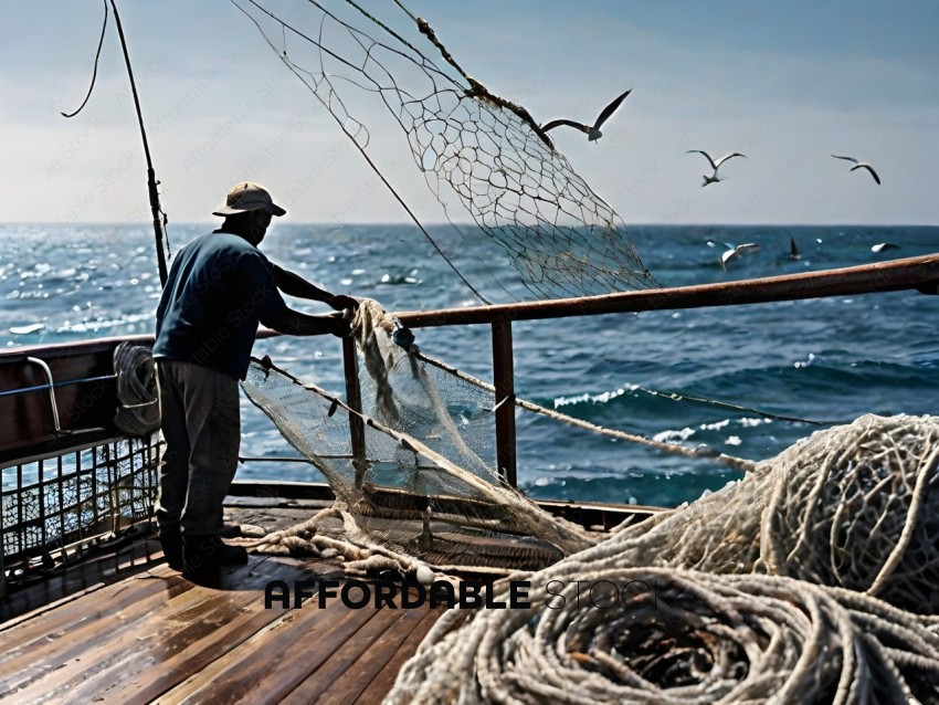 Man on a boat with fishing nets