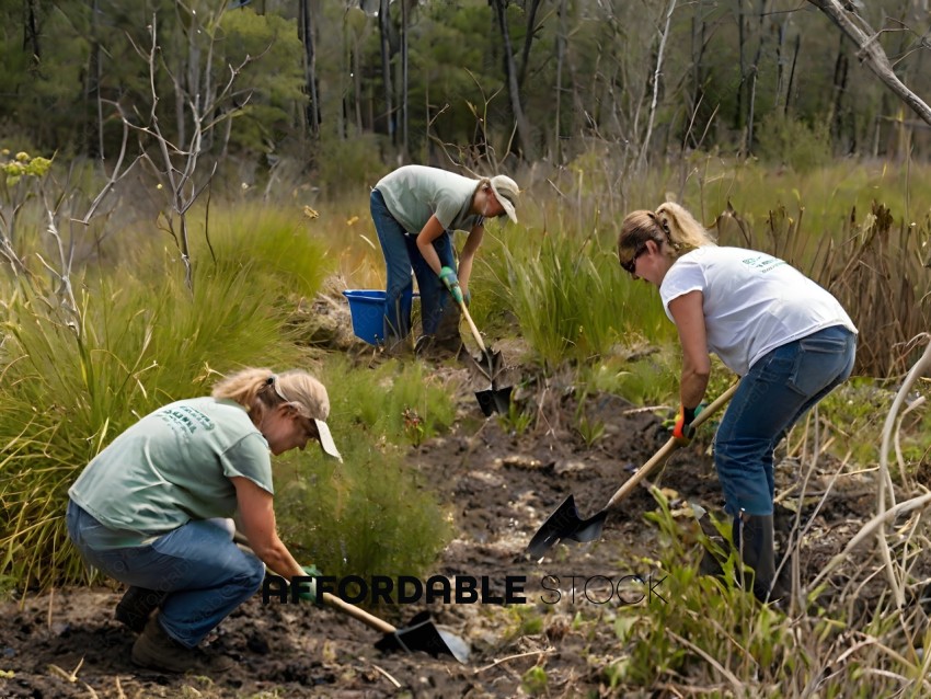 Three women digging in a field