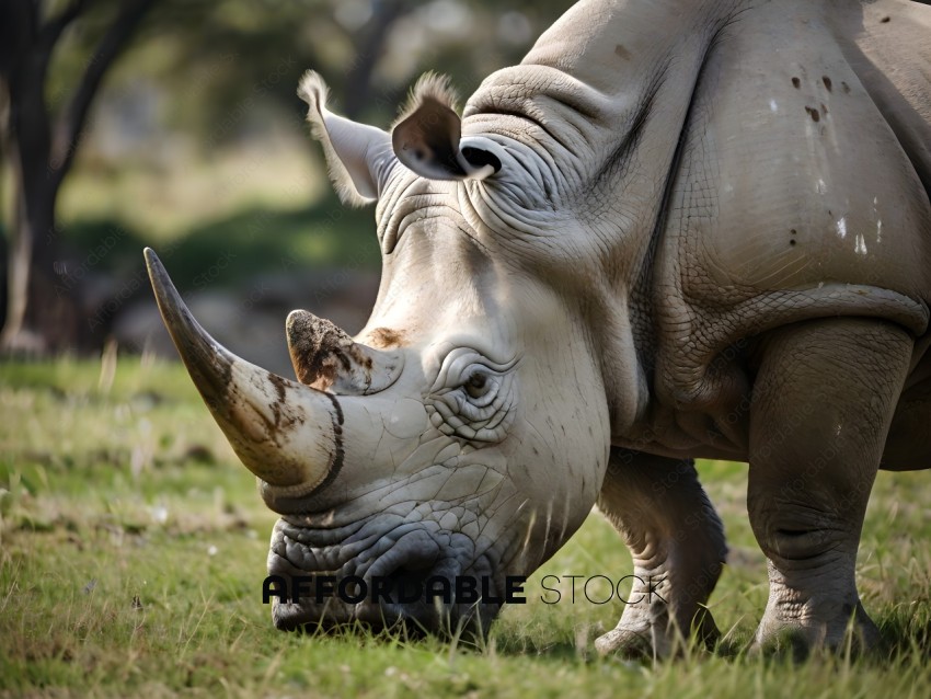 A Rhino Eating Grass in the Wild