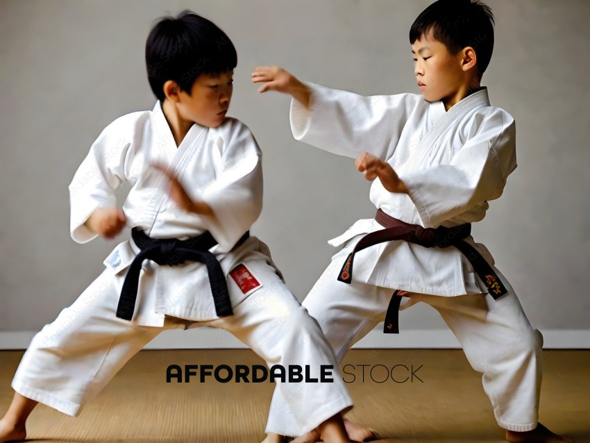 Two young boys in martial arts uniforms are practicing their moves
