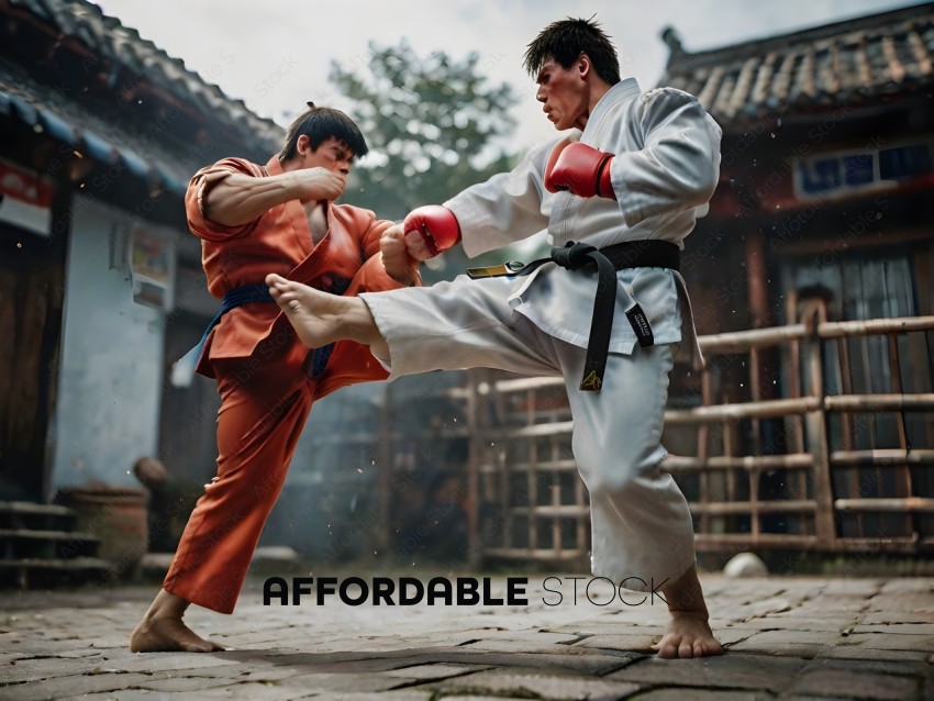 Two men in martial arts uniforms kicking each other