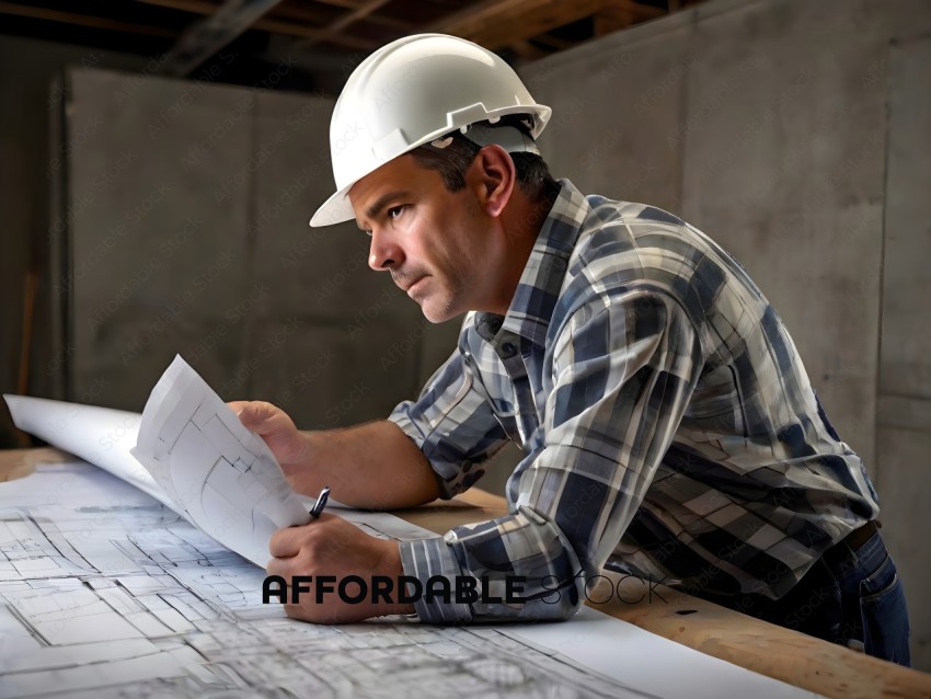 A man in a plaid shirt and hard hat is looking at a blueprint