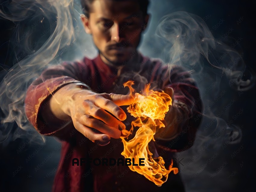 A man with a red shirt is holding a flaming hand