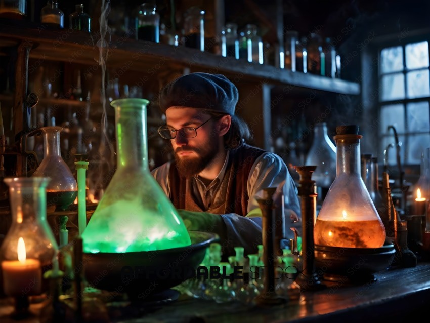 A man in a lab setting with green glowing vials