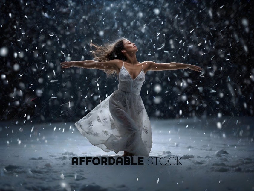 A woman in a white dress dancing in the snow