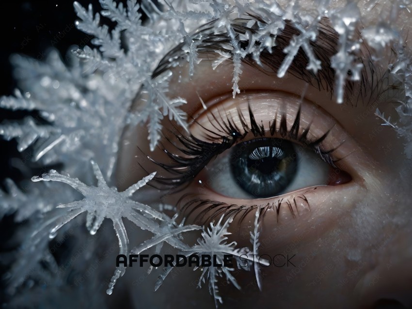 A person with a blue eye and snowflakes on their face