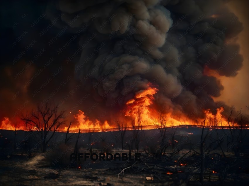 A forest fire in a field with smoke