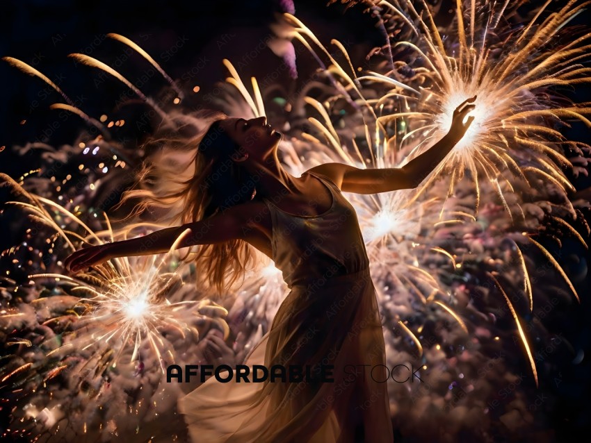 A woman in a white dress is surrounded by fireworks