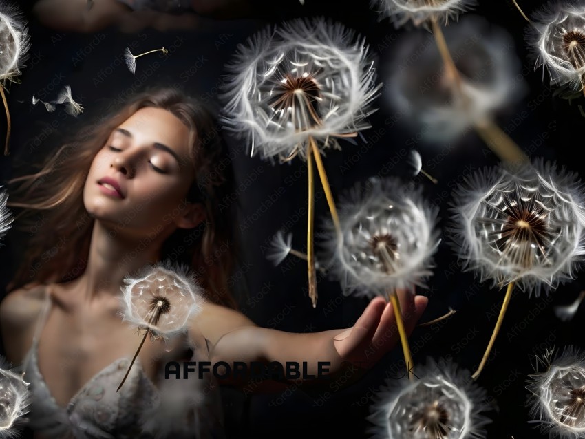 A woman with her eyes closed, surrounded by dandelions