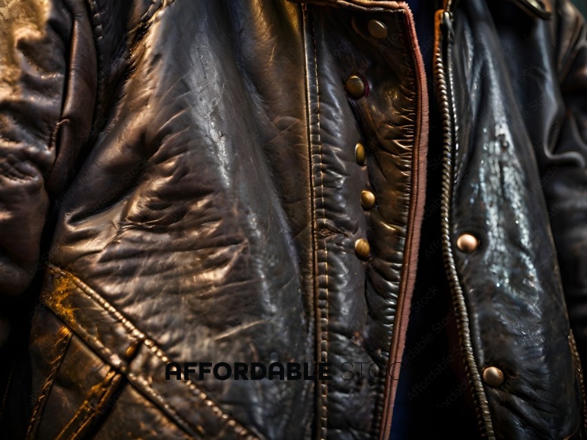 A close up of a leather jacket with buttons